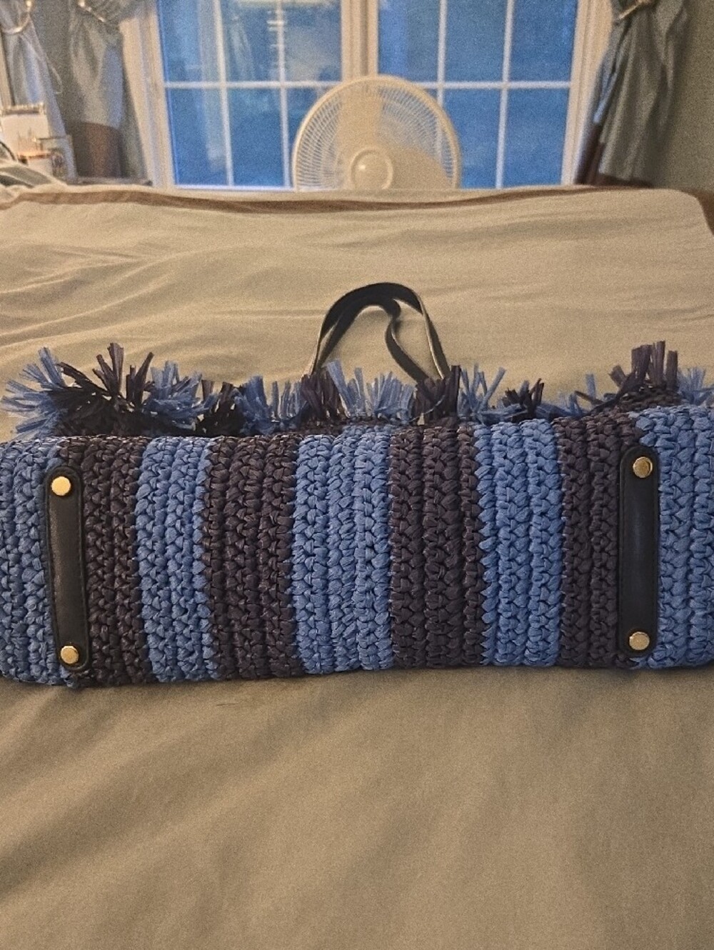 Kate Spade Sam Striped Rafia Fringe Tote Blue - Picture 6 of 6